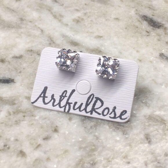 Square Crown Stud Earrings | Silver Tone | NEW - Picture 2 of 8